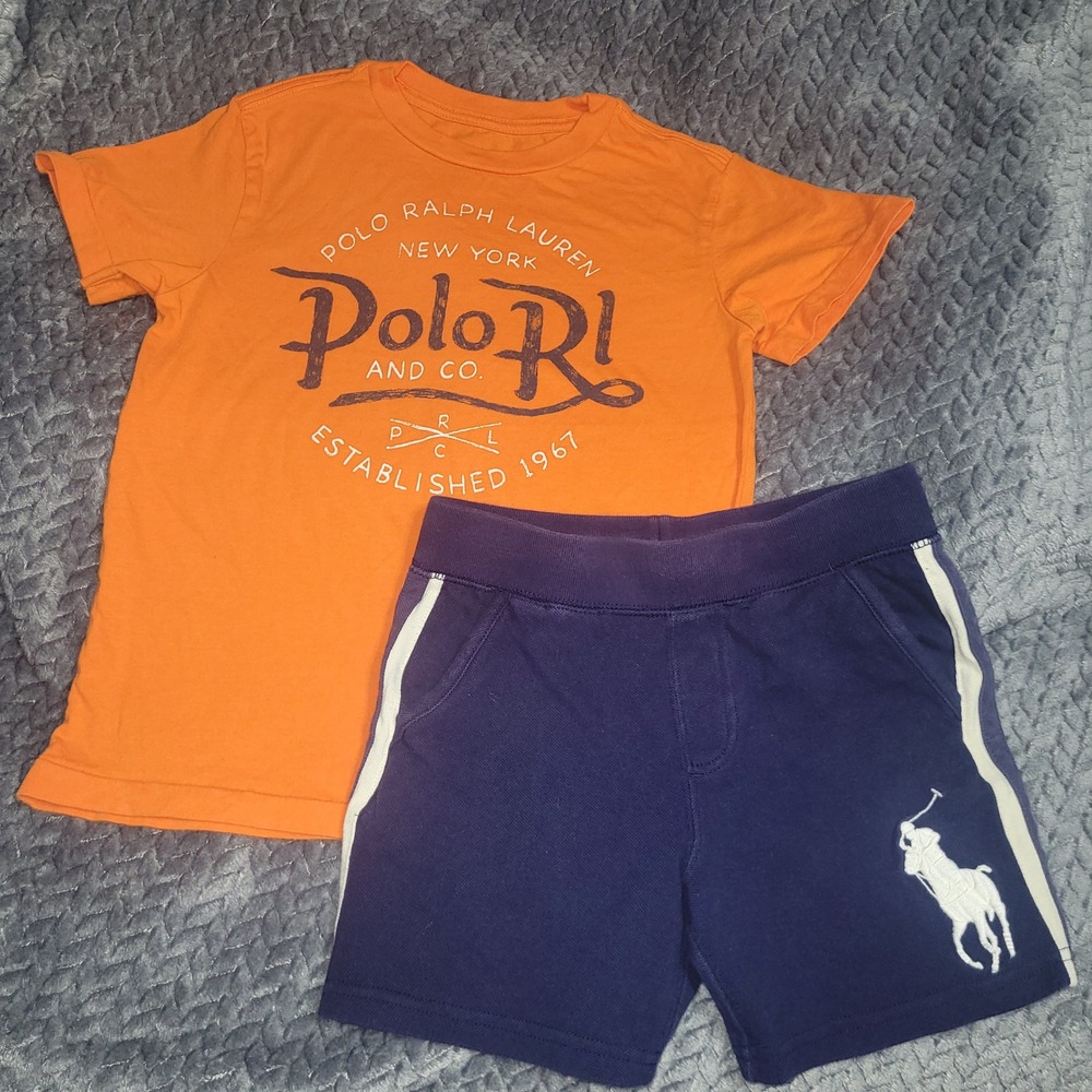 Polo Ralph Lauren Boys Orange Graphic Tee and Navy Blue Pony Shorts Set Size 5 6 - Picture 6 of 8